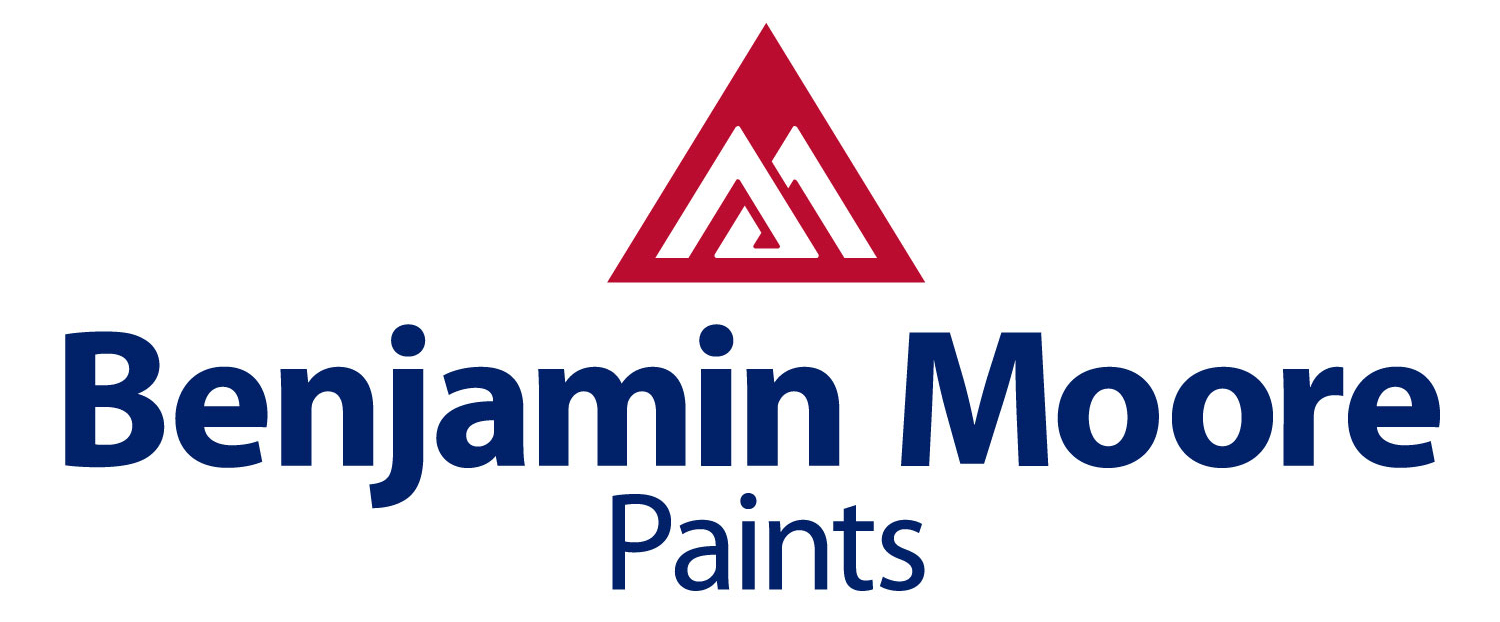 Benjamin Moore Paints logo with a red triangle and stylized white “M” above the company name in blue bold letters.