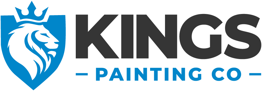 Logo for Kings Painting Co. featuring a blue lion head with a crown inside a blue shield, next to bold black text reading “KINGS” and smaller blue text reading “PAINTING CO.” underneath.